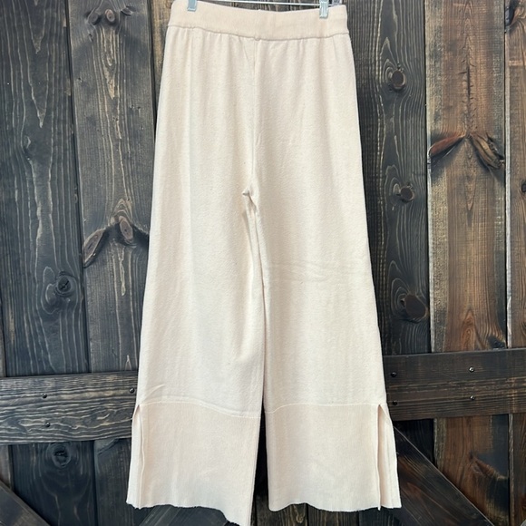 Wide Leg High Waist Pants‎ L Cream Ribbed Boho Stretch Sweatpants Drawstring - Picture 4 of 8